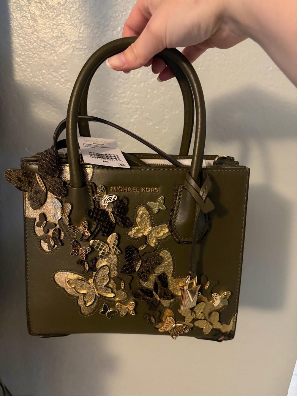 Michael Kors Olive Green Butterfly Appliqué Satchel with Gold Accents